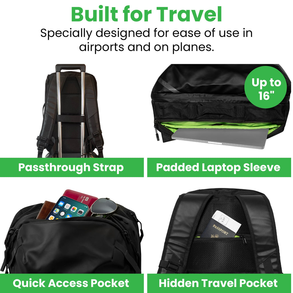 Backpack features: luggage pass-through strap, padded 16-inch laptop sleeve, quick-access pocket and concealed rear pocket.