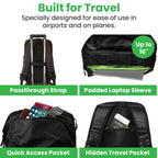 Backpack features: luggage pass-through strap, padded 16-inch laptop sleeve, quick-access pocket and concealed rear pocket.