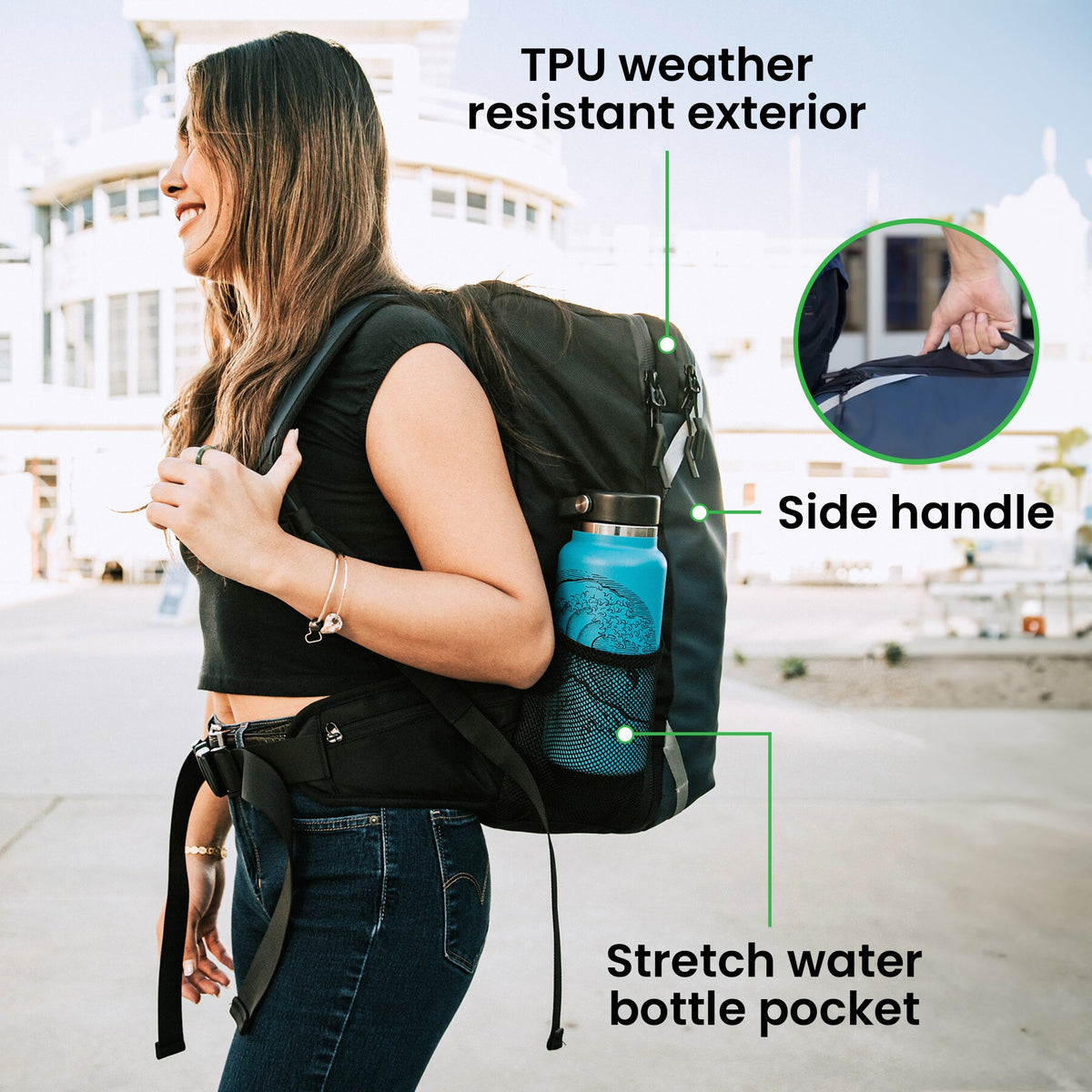 Side view of a traveler wearing a black Island Hopper backpack with a bottle in its mesh pocket and a side carry handle.
