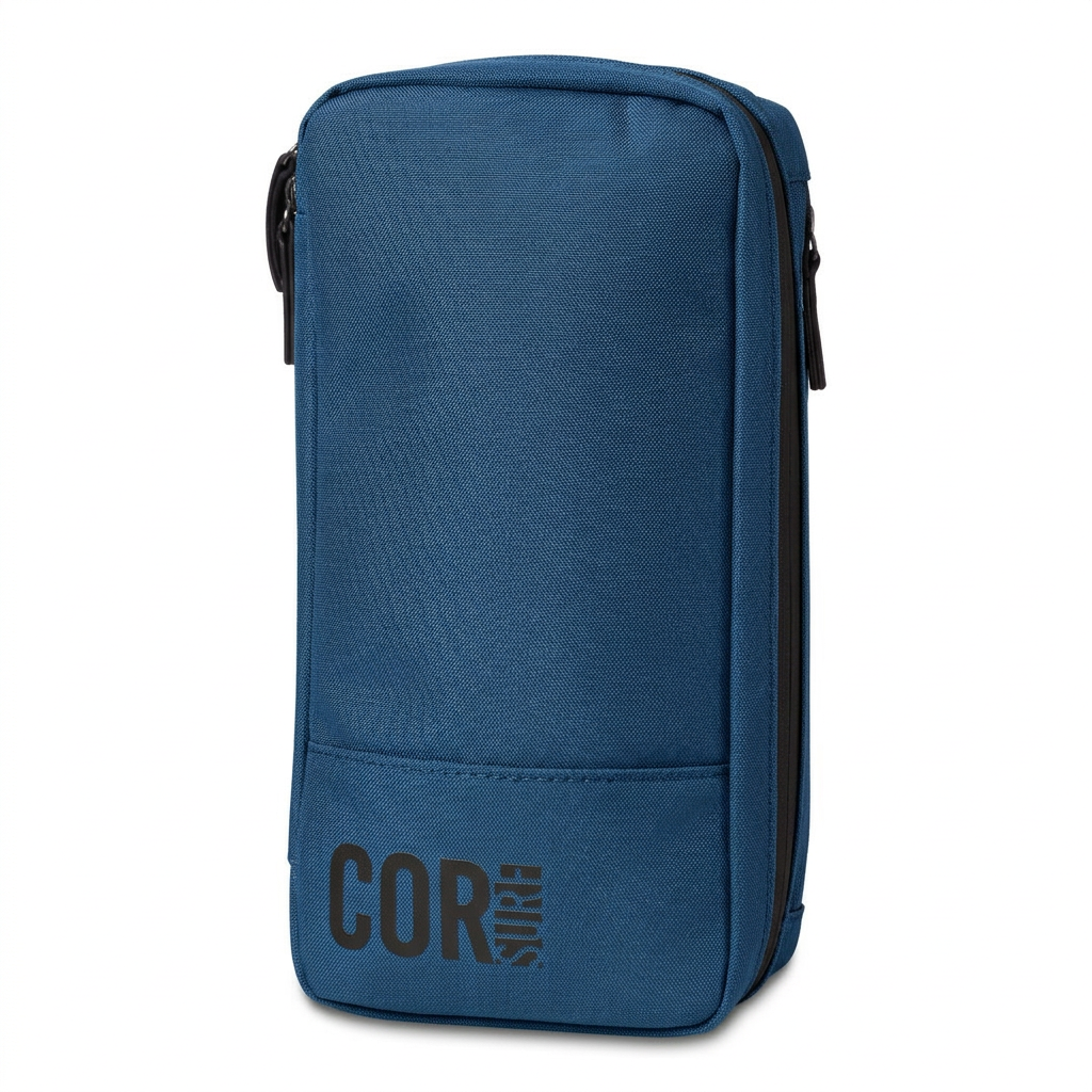 Front view of the dark blue COR Surf toiletry bag with its carrying handle and side zipper.