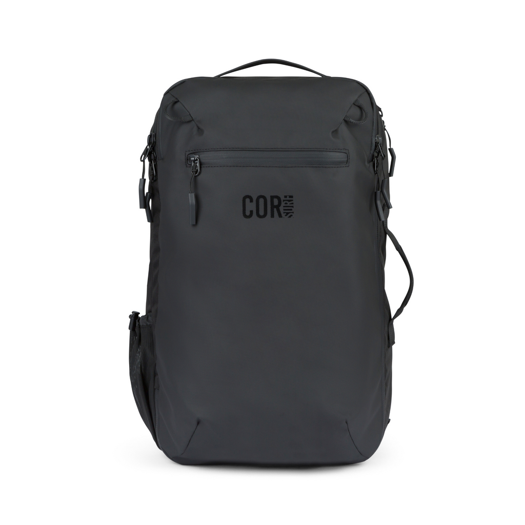 Front view of a black Island Hopper backpack with a horizontal zip pocket, top handle and side carry handle.