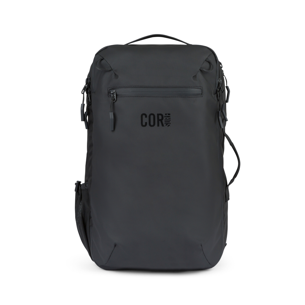 Front view of a black Island Hopper backpack with a horizontal zip pocket, top handle and side carry handle.