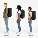 28L backpack shown on people measuring 5 feet 9 inches, 5 feet 5 inches and 5 feet 2 inches tall.