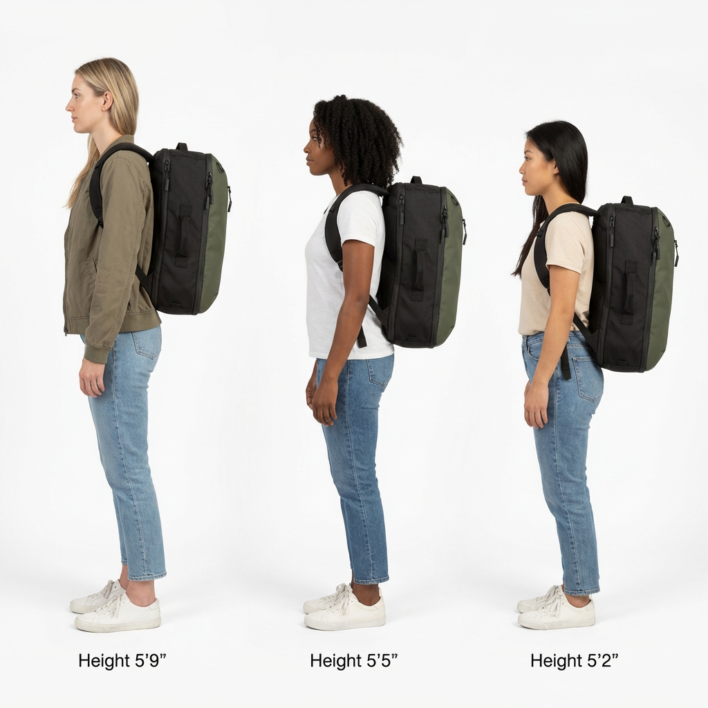 28L backpack shown on people measuring 5 feet 9 inches, 5 feet 5 inches and 5 feet 2 inches tall.