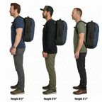28L backpack shown on people measuring 6 feet 2 inches, 5 feet 9 inches and 5 feet 7 inches tall.