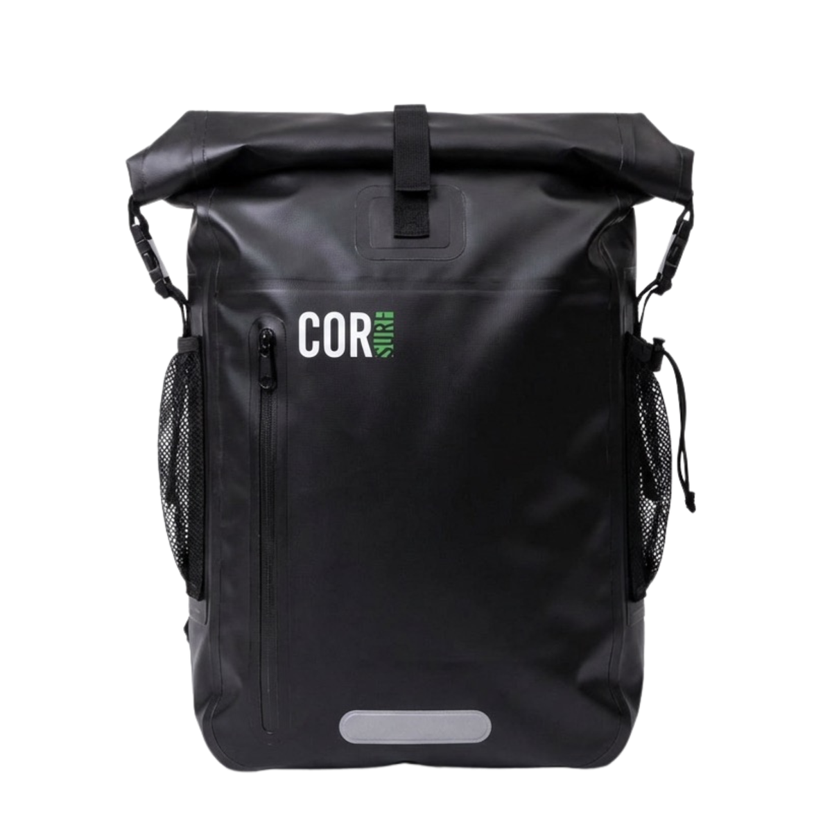 Front view of the black COR Surf dry bag with its roll-top fastened and mesh side pockets visible.