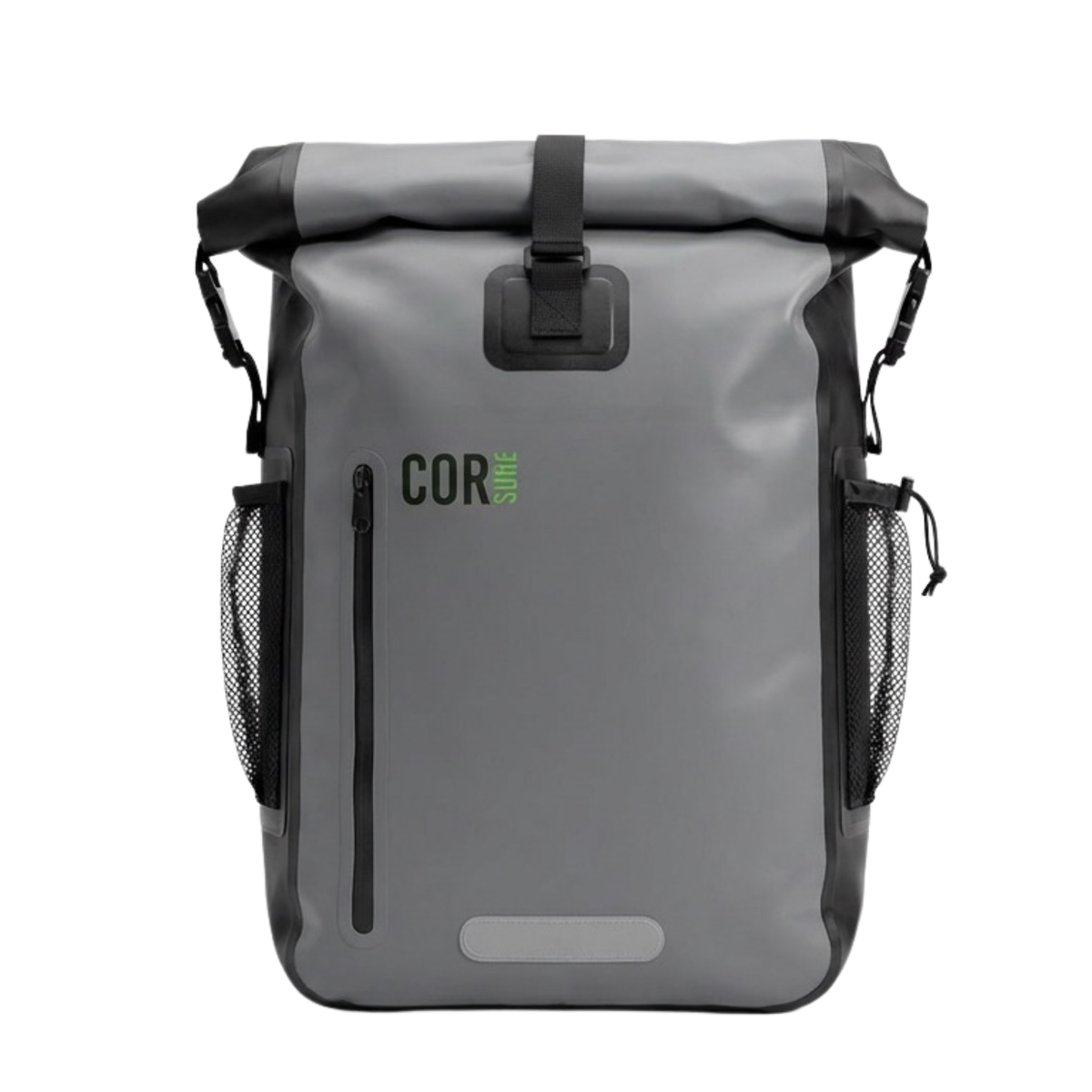 Front view of the gray COR Surf dry bag with its roll-top fastened and mesh side pockets visible.