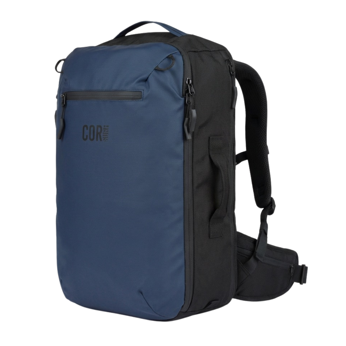 Midnight blue Island Hopper 40L backpack shown at an angle, with black sides, a front zip pocket and padded hip belt.