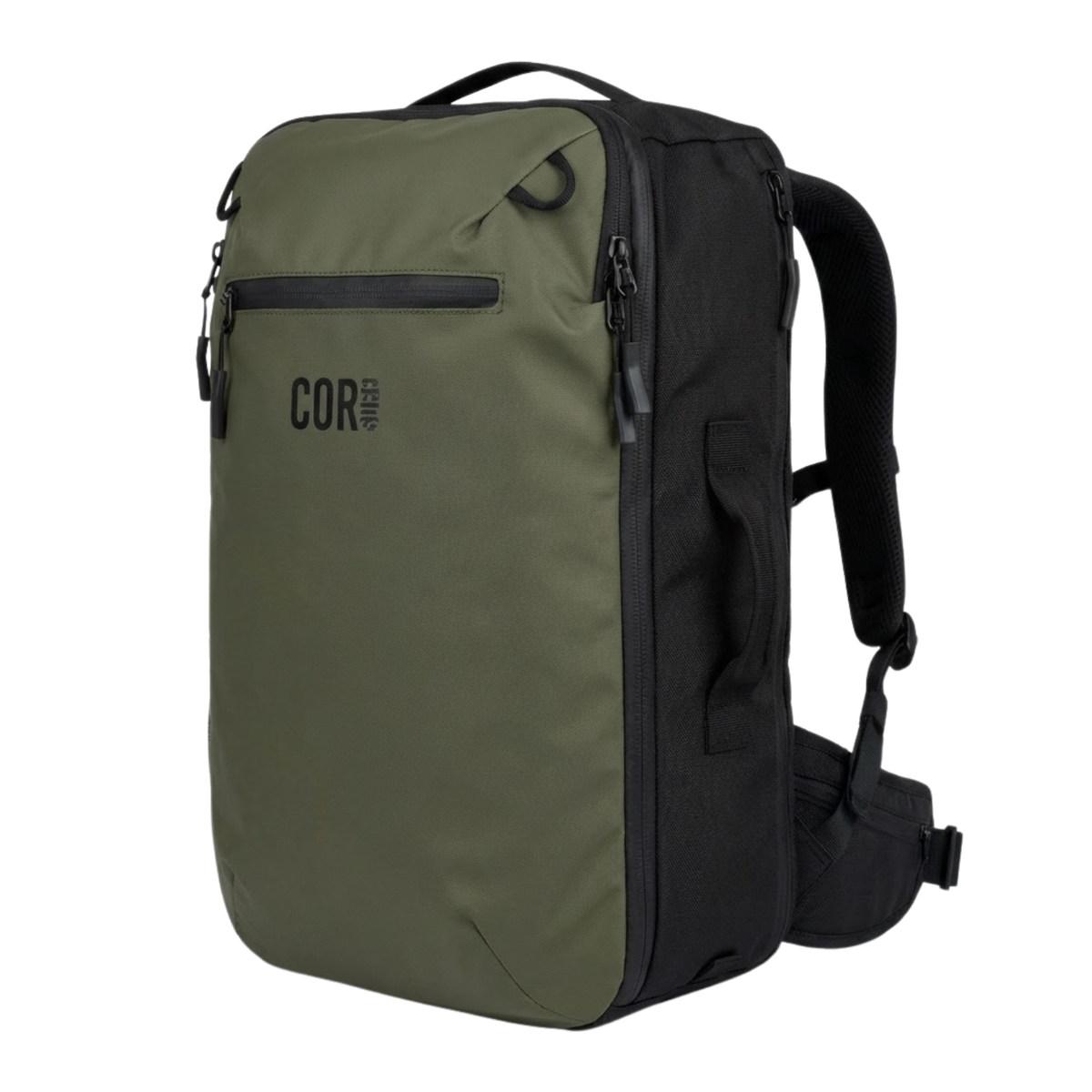 Green Island Hopper 40L backpack shown at an angle, with black sides, a front zip pocket and padded hip belt.
