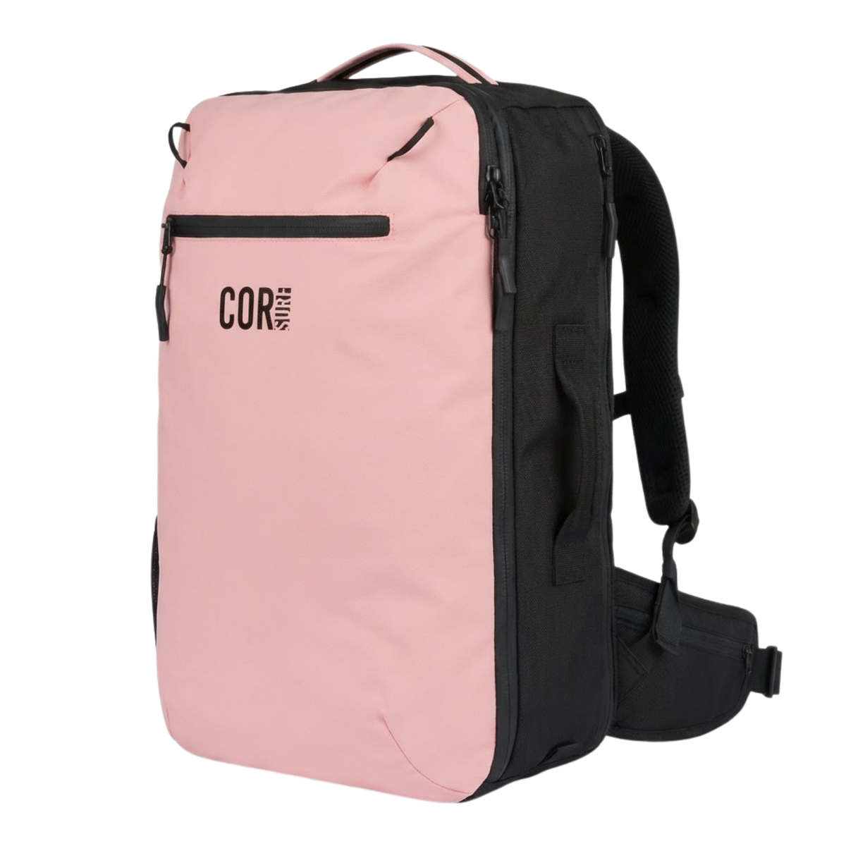 Pink Island Hopper 40L backpack shown at an angle, with black sides, a front zip pocket and padded hip belt.