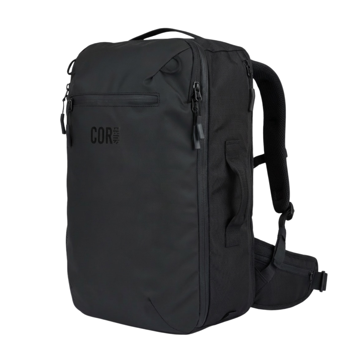 Black Island Hopper 40L backpack shown at an angle, with a front zip pocket, side handle and padded hip belt.