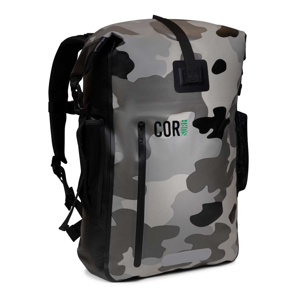 Front and side view of the camouflage COR Surf dry bag, showing the zip pocket and shoulder straps.