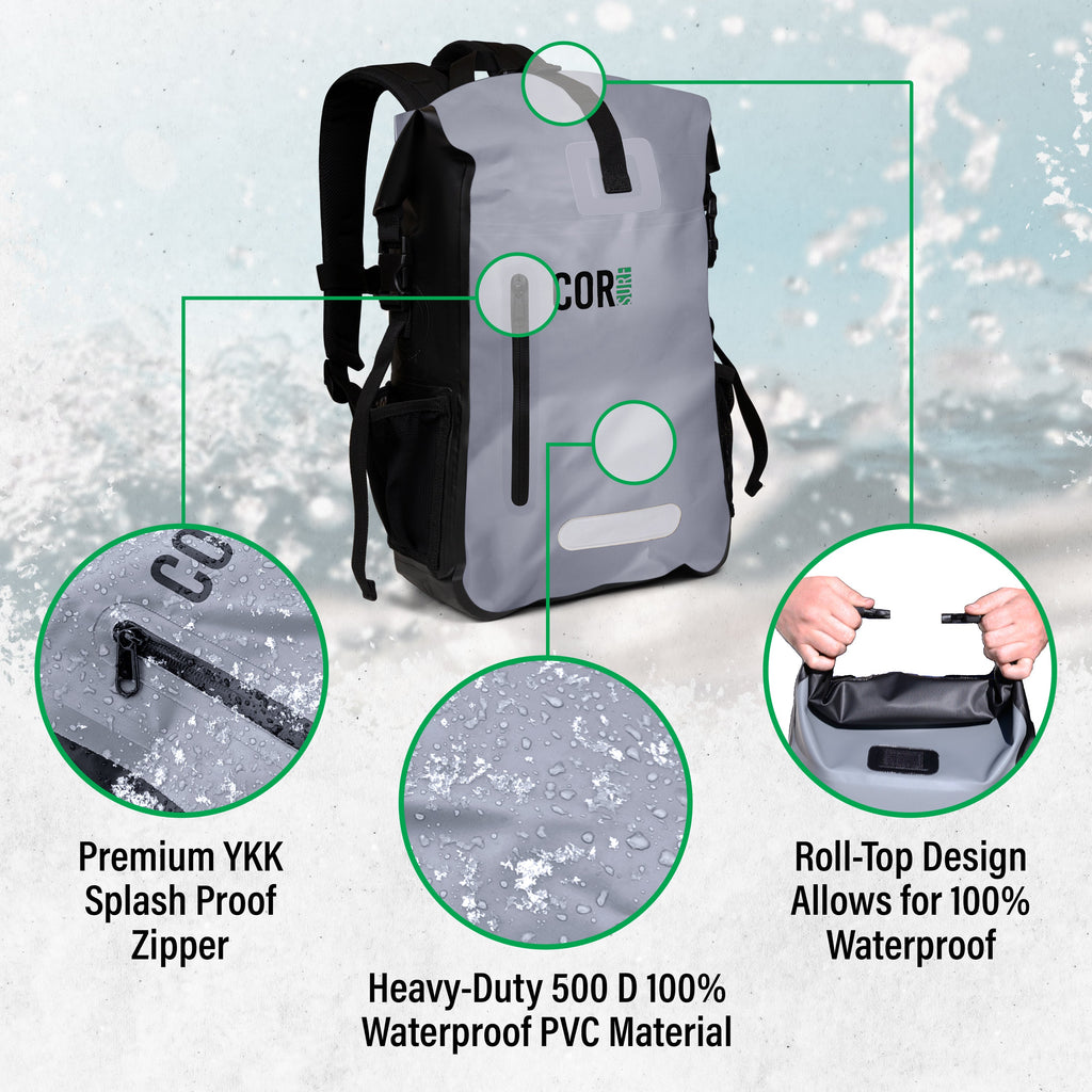 Close-ups of the front zipper, coated fabric and roll-top buckle closure on a gray COR Surf dry bag.
