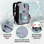 Close-ups of the front zipper, coated fabric and roll-top buckle closure on a gray COR Surf dry bag.