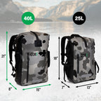 Size comparison: the 40L dry bag measures 21 × 15 × 8 inches, beside a 25L bag measuring 18 × 13 × 7 inches.