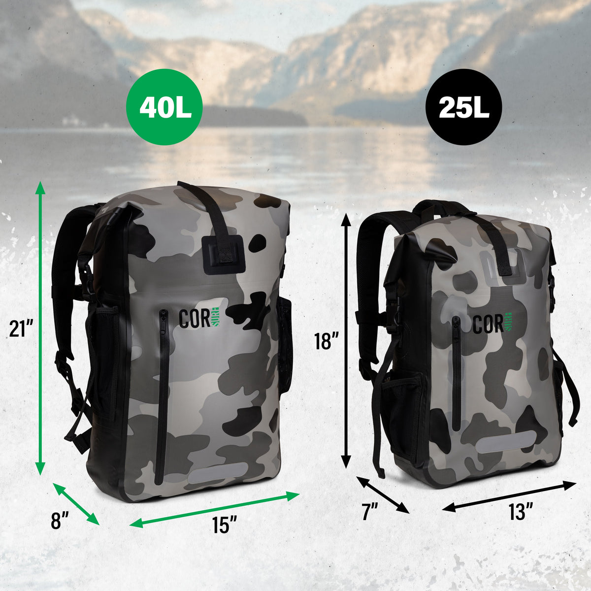 Size comparison: the 40L dry bag measures 21 × 15 × 8 inches, beside a 25L bag measuring 18 × 13 × 7 inches.