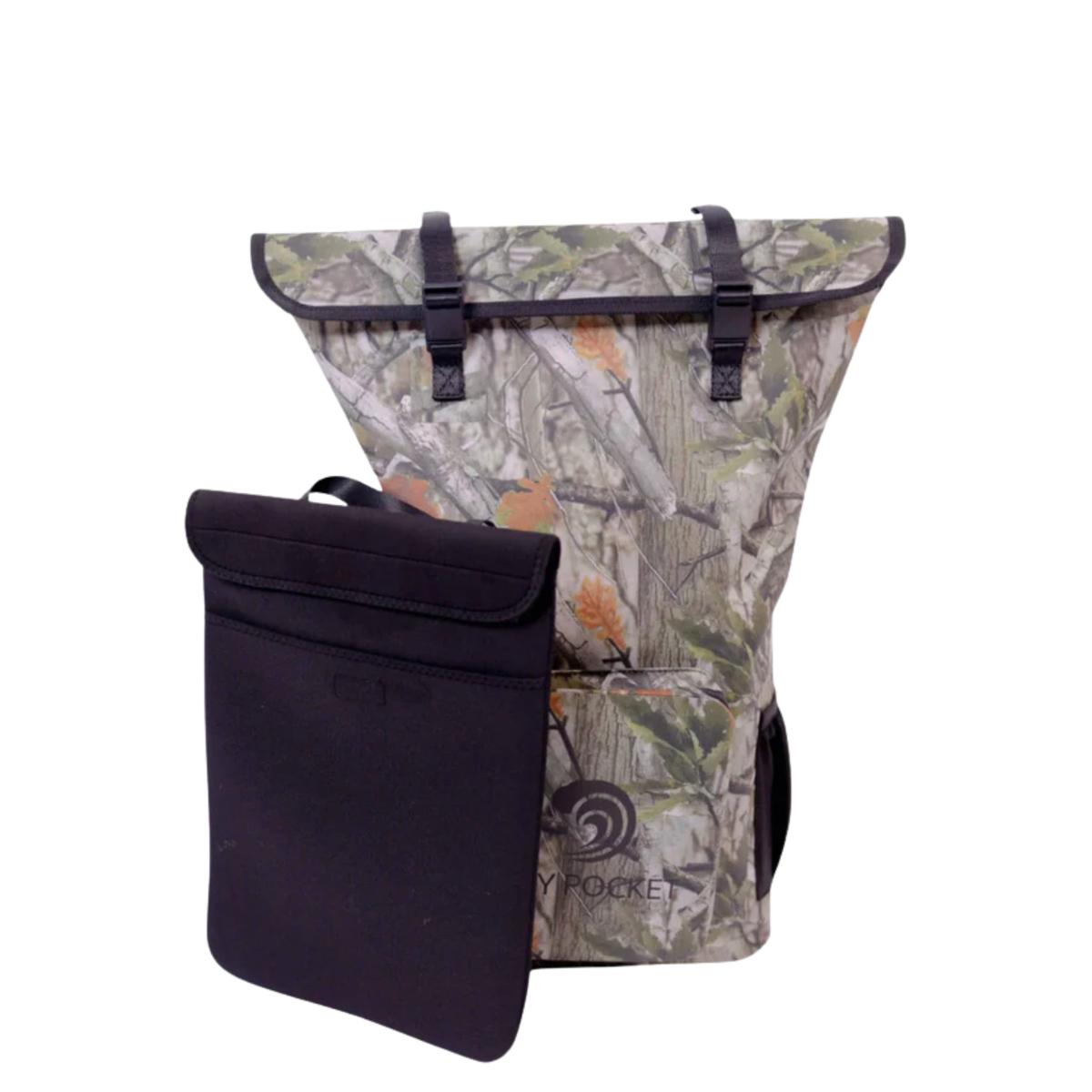 Forest Camo Dry Pocket backpack with a separate black pouch displayed in front.