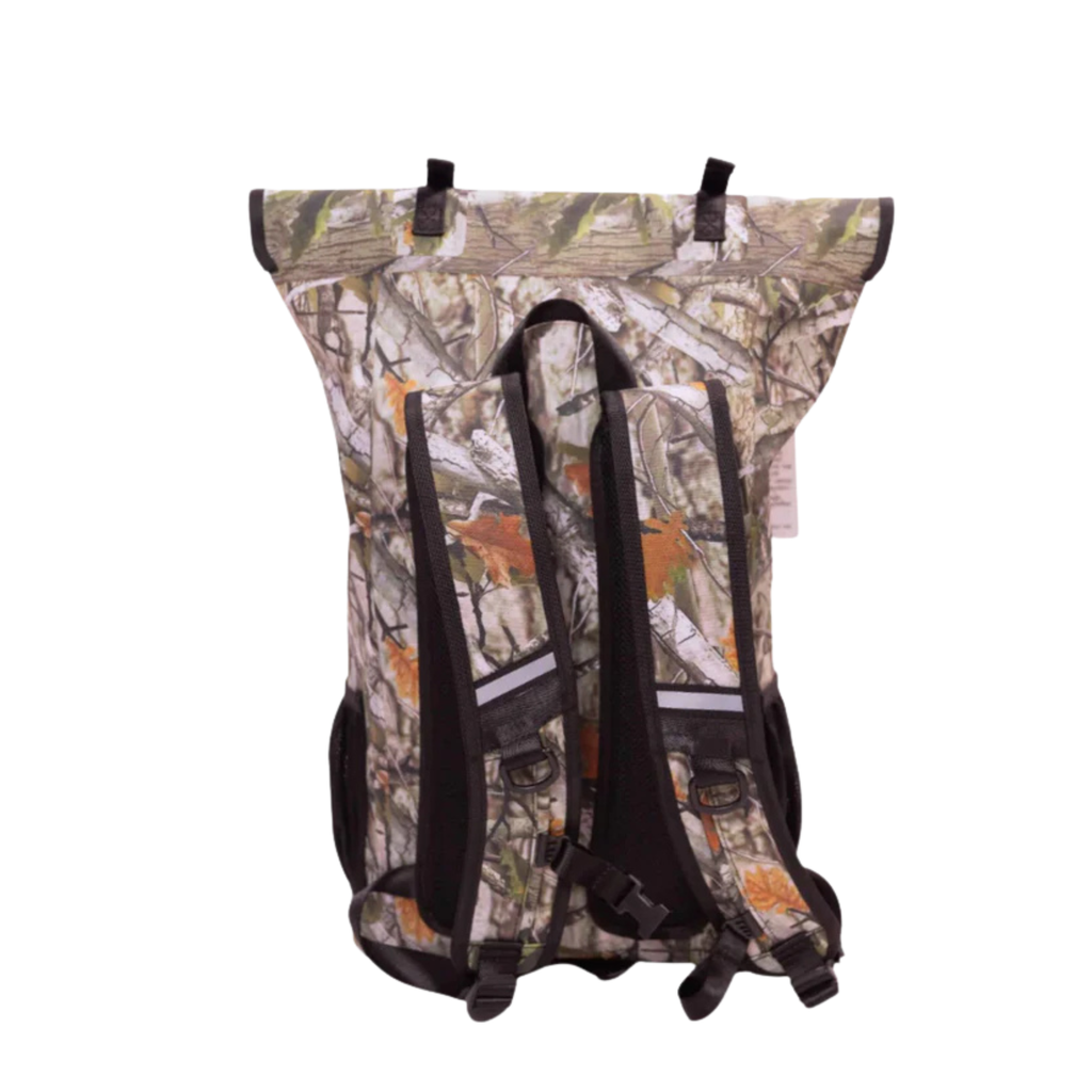 Back of the Forest Camo Dry Pocket backpack with padded shoulder straps, chest buckle and top handle.