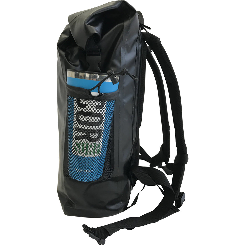 Side view of a black COR Surf dry bag with a bottle in its mesh pocket and shoulder straps visible.