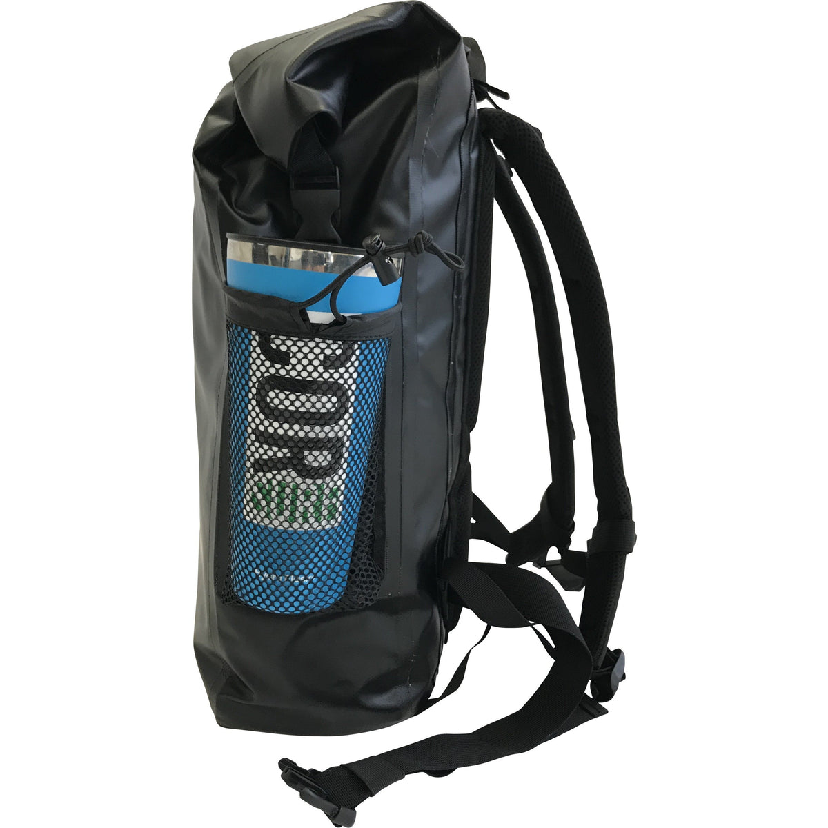 Side view of a black COR Surf dry bag with a bottle in its mesh pocket and shoulder straps visible.