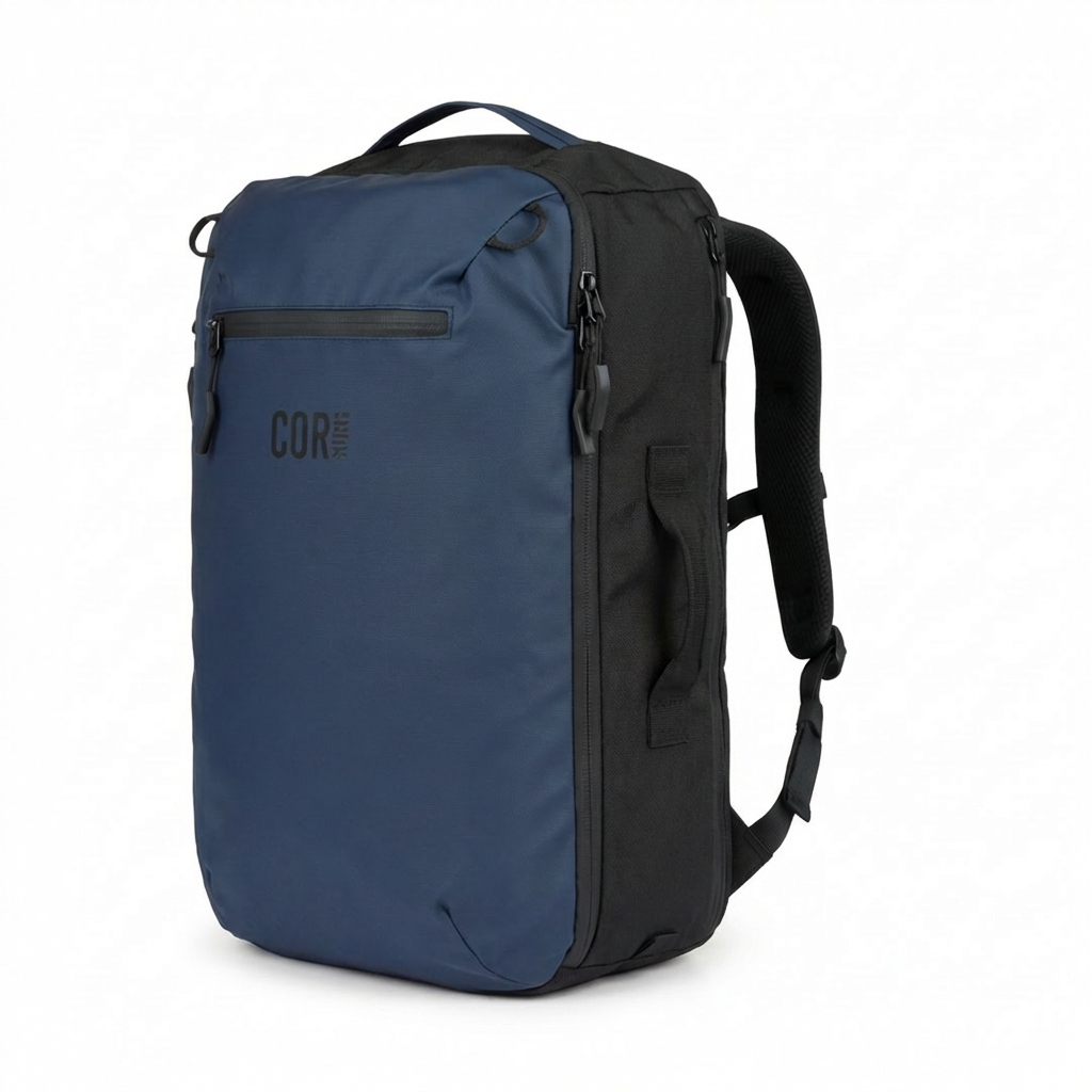 Front and side view of the Midnight Blue Island Hopper backpack.