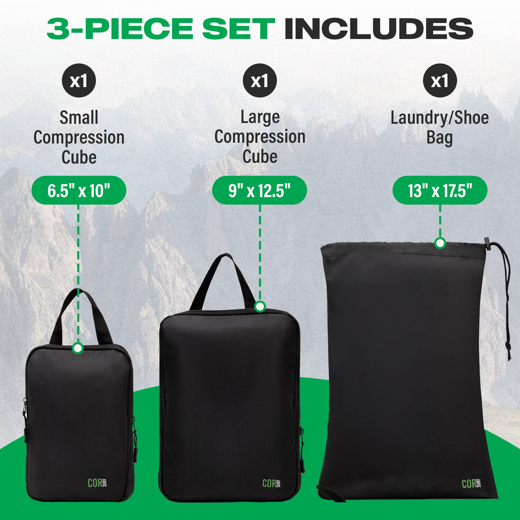 What comes in the 3-pack: 1 large cube, 1 small cube and 1 laundry/shoe bag
