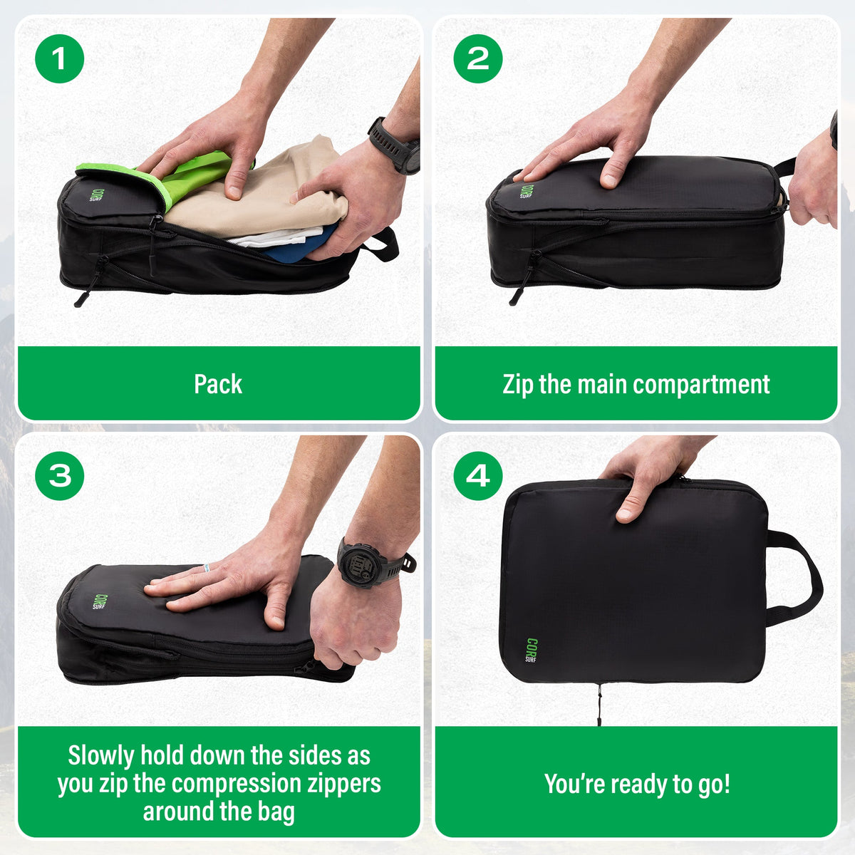 Steps for zipping and compressing a packing cube