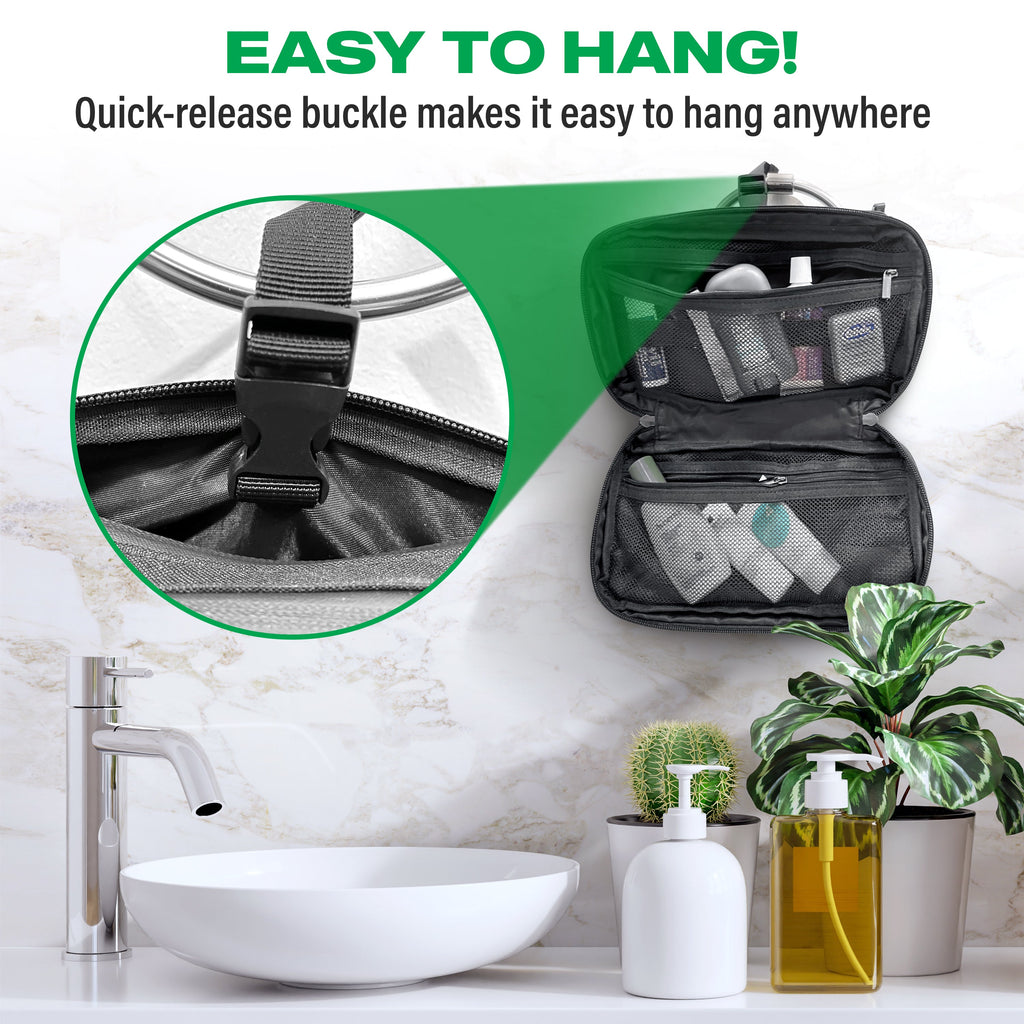 Open black toiletry bag hanging above a sink, with a close-up of its quick-release hanging buckle.