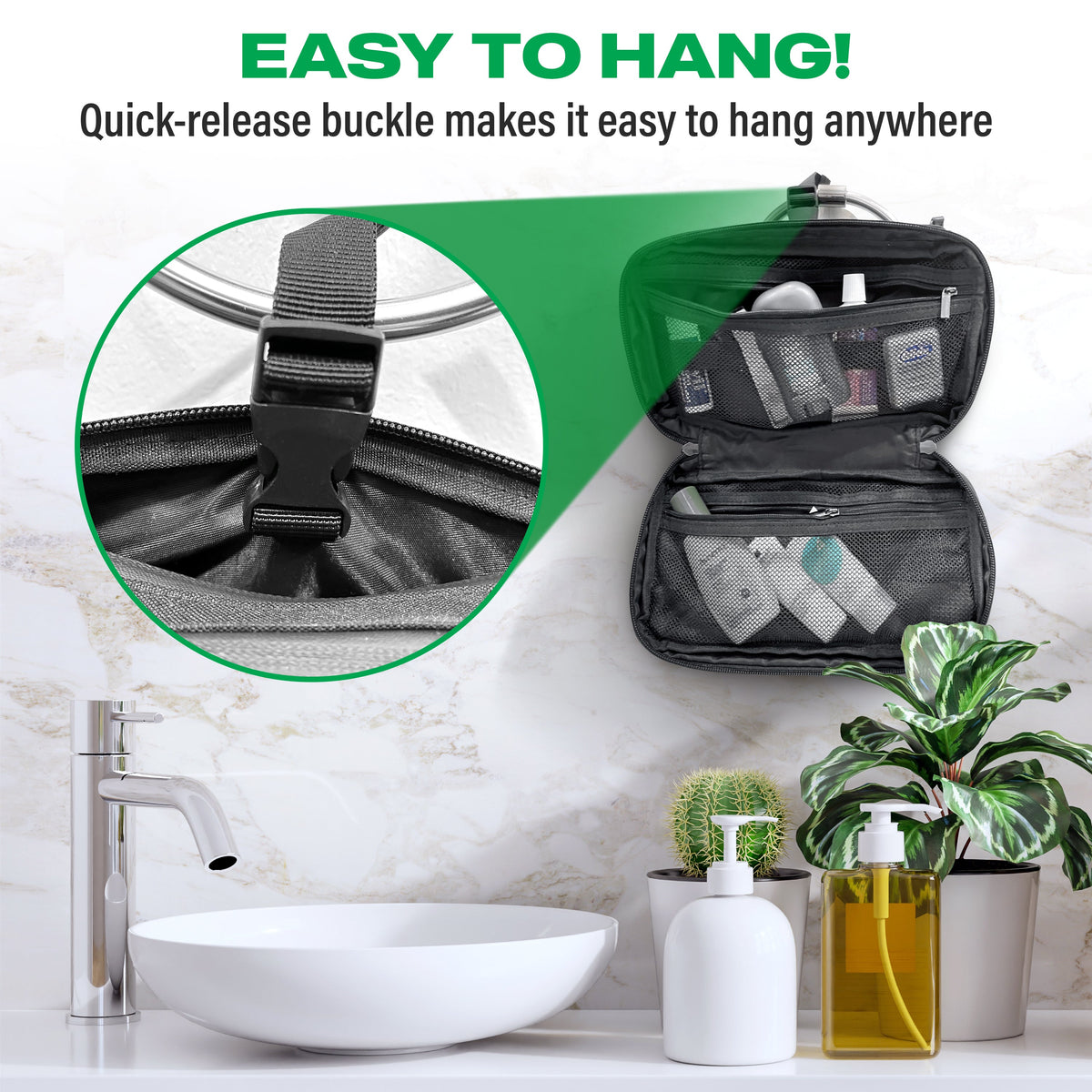 Open black toiletry bag hanging above a sink, with a close-up of its quick-release hanging buckle.