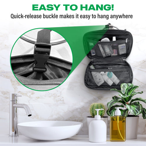 Open black toiletry bag hanging above a sink, with a close-up of its quick-release hanging buckle.