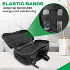 Open black toiletry bag with mesh compartments and elastic bands holding small bottles upright.