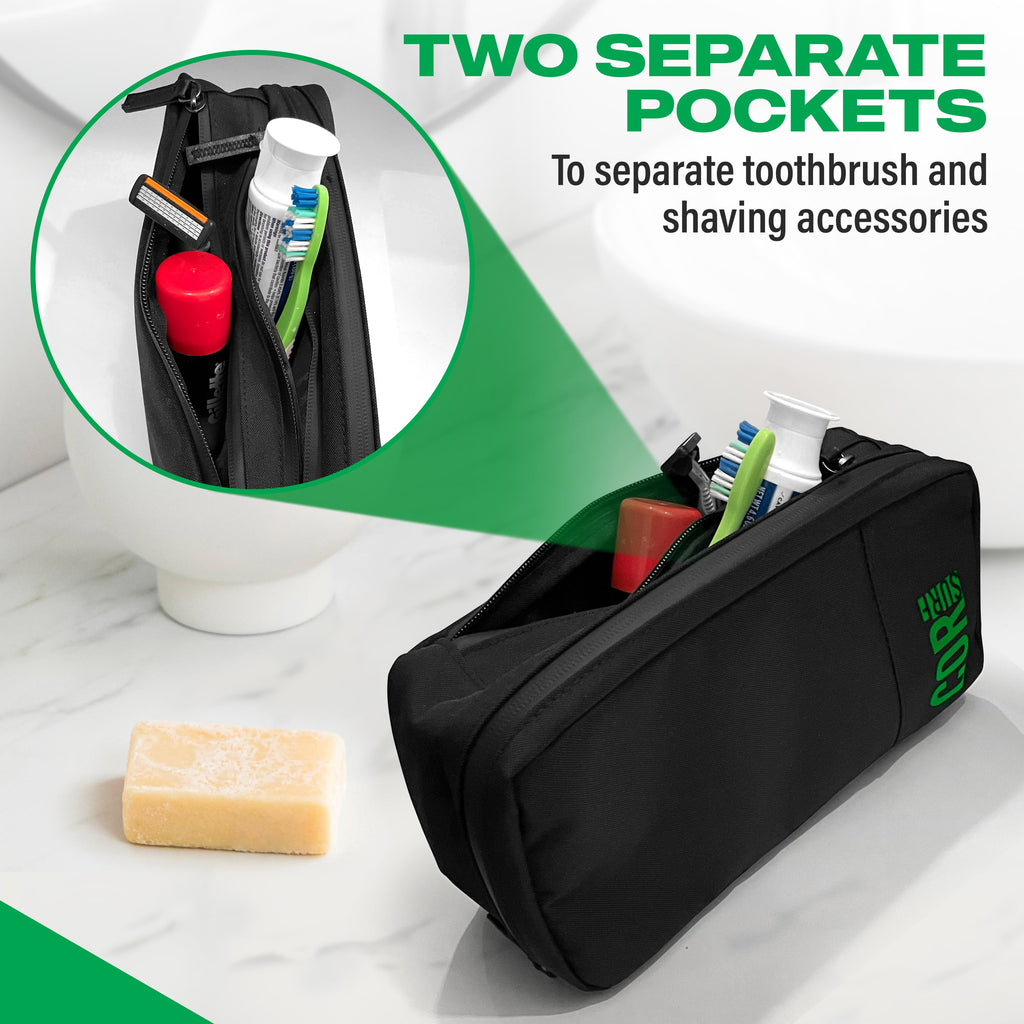 Black toiletry bag with separate side pockets holding a toothbrush, toothpaste and shaving supplies.