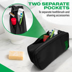 Black toiletry bag with separate side pockets holding a toothbrush, toothpaste and shaving supplies.