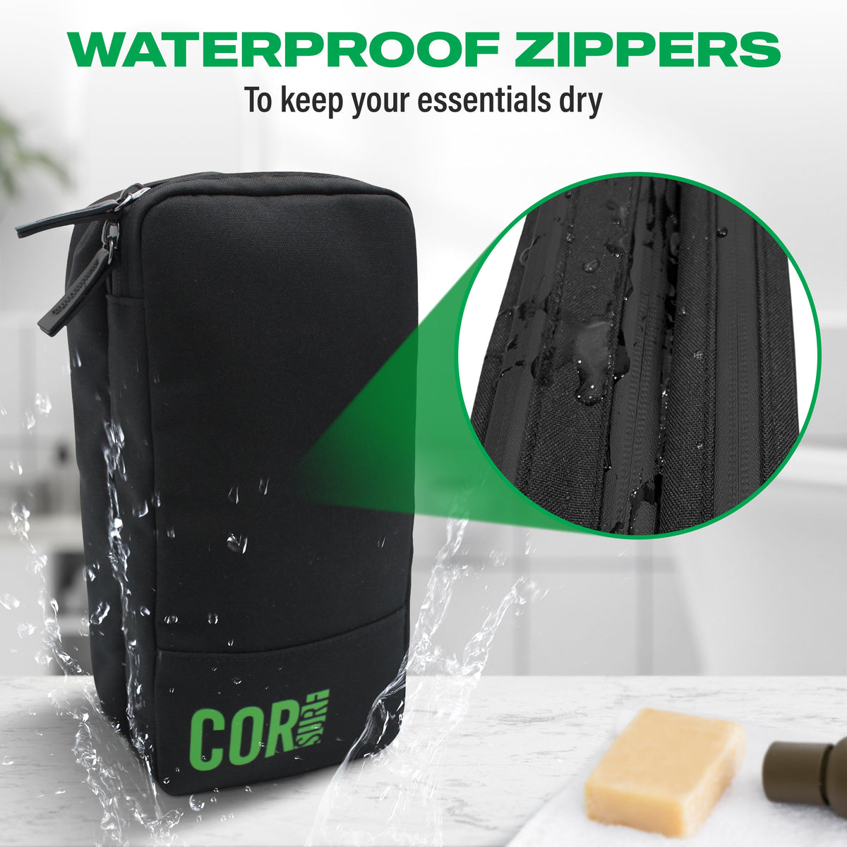 Black toiletry bag under running water, with a close-up of the zipper and water droplets.