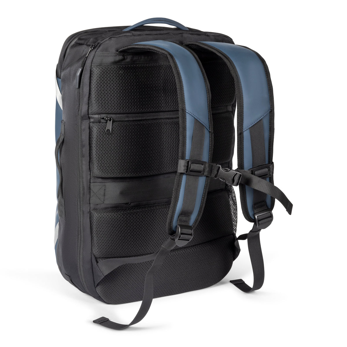 Rear view of the backpack with blue padded shoulder straps, mesh back panel and buckled chest strap.