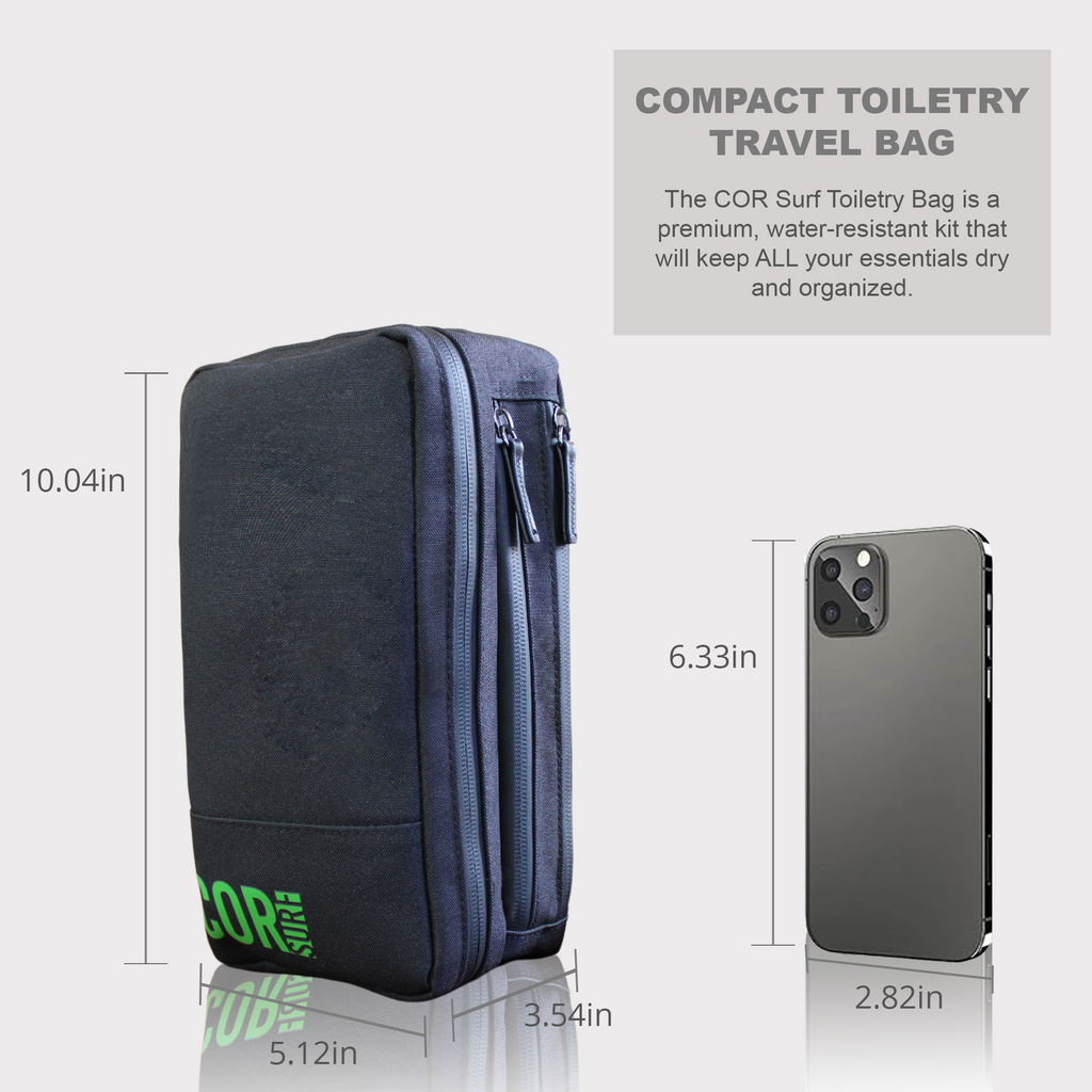 Toiletry bag size diagram beside a phone: 10.04 inches tall, 5.12 inches wide and 3.54 inches deep.