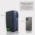 Toiletry bag size diagram beside a phone: 10.04 inches tall, 5.12 inches wide and 3.54 inches deep.