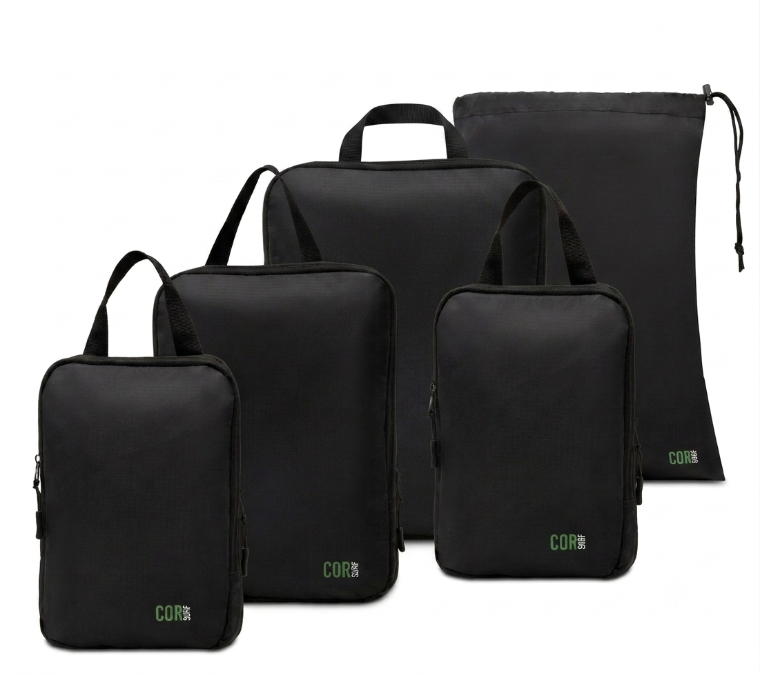 Black compression packing cube 5-pack: 2 large cubes, 2 small cubes and a laundry/shoe bag