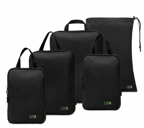Black compression packing cube 5-pack: 2 large cubes, 2 small cubes and a laundry/shoe bag