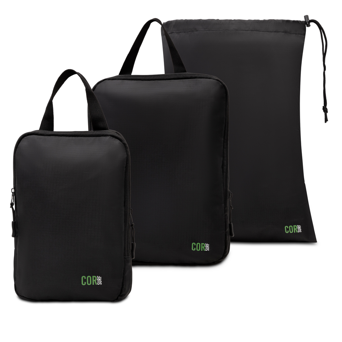 Black compression packing cube 3-pack with laundry/shoe bag