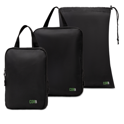 Black compression packing cube 3-pack with laundry/shoe bag