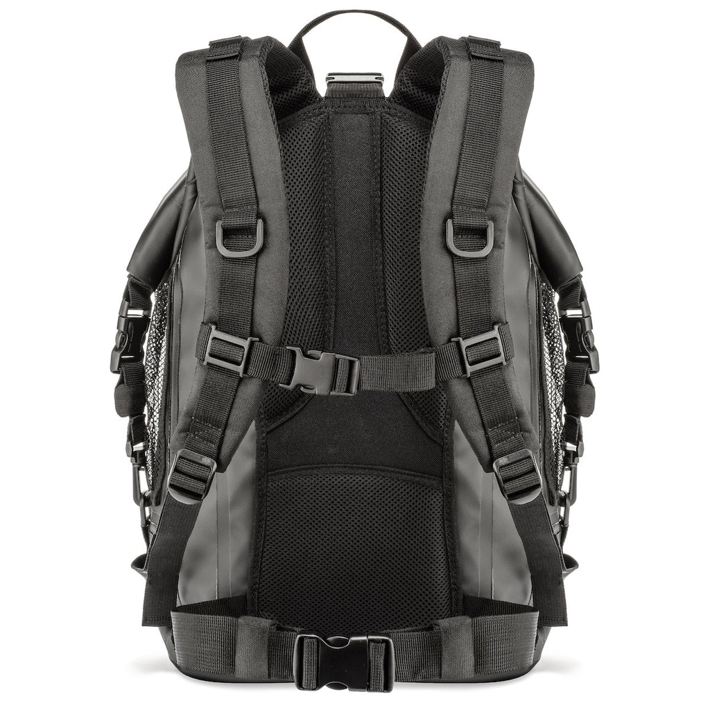 Rear view of the dry bag showing padded shoulder straps, mesh back panels, chest strap and waist strap.
