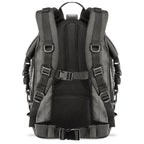 Rear view of the dry bag showing padded shoulder straps, mesh back panels, chest strap and waist strap.