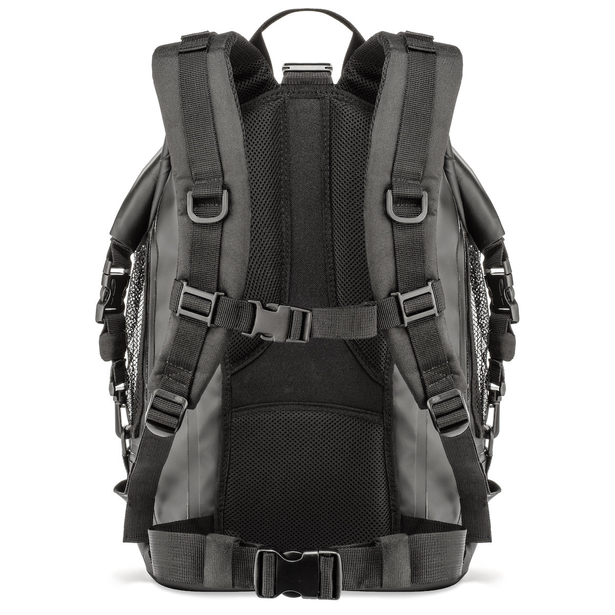 Rear view of the dry bag showing padded shoulder straps, mesh back panels, chest strap and waist strap.