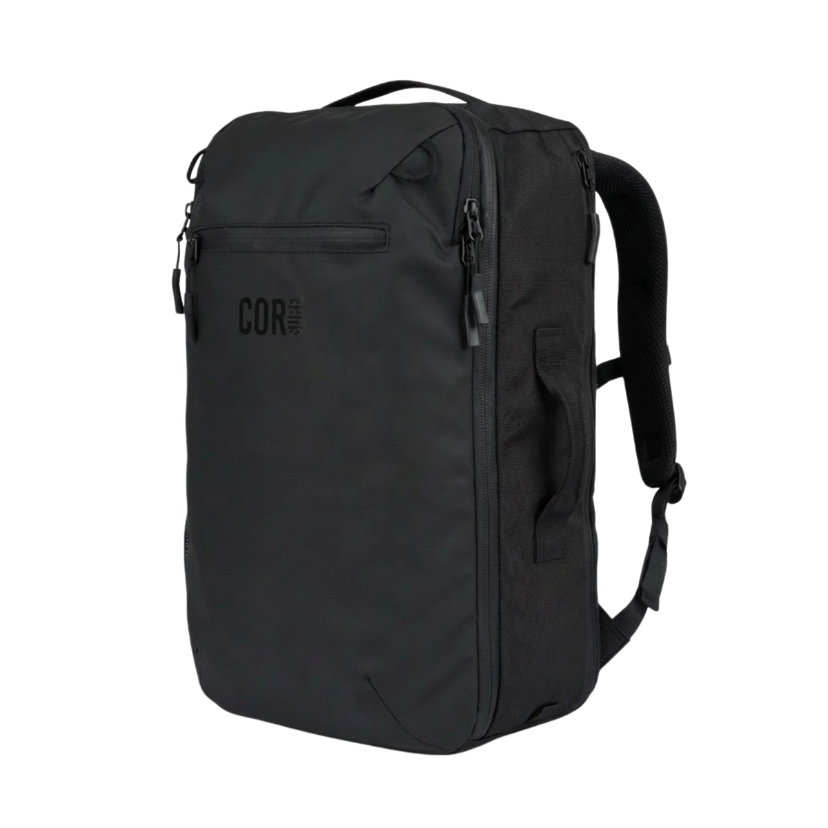 Front and side view of the black Island Hopper backpack.