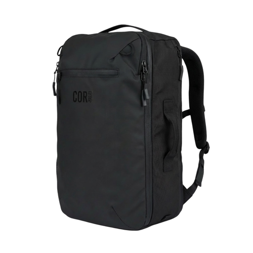 Front and side view of the black Island Hopper backpack.