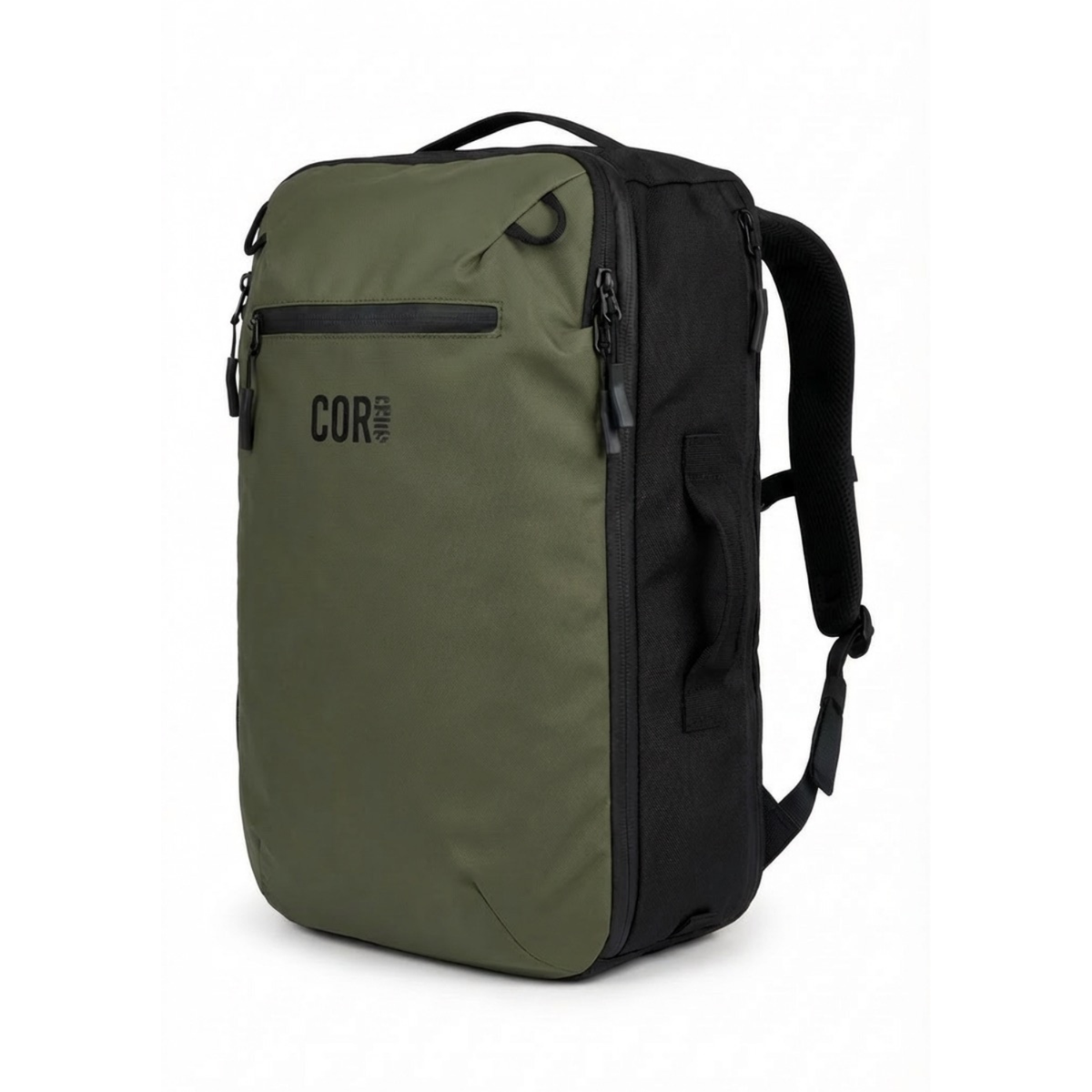 Front and side view of the Army Green Island Hopper backpack.