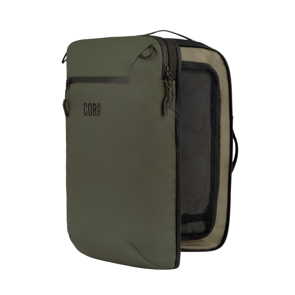 Army Green backpack partially unzipped to show an interior mesh panel.