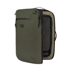Army Green backpack partially unzipped to show an interior mesh panel.