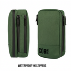 Front and side views of the green toiletry bag, showing its two zipper tracks.